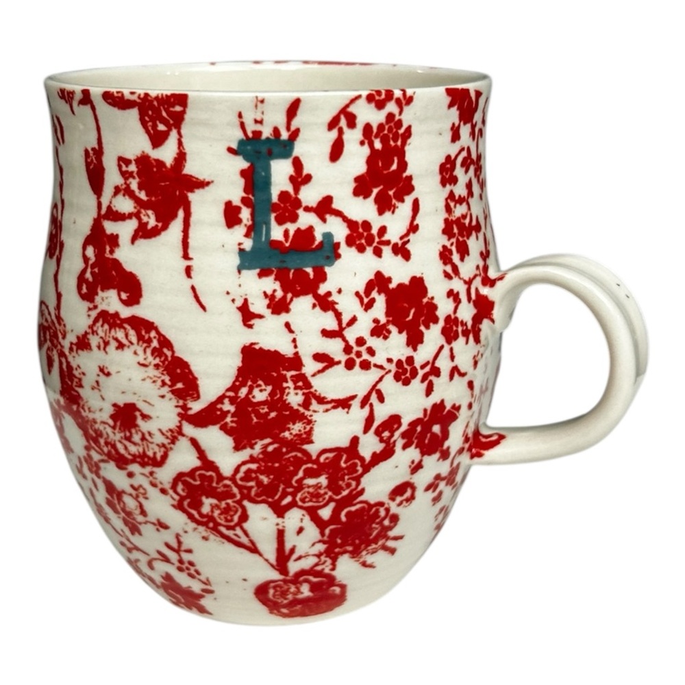 Anthropologie Homegrown Monogram Mug Letter L Red Floral Toile Bird Glazed